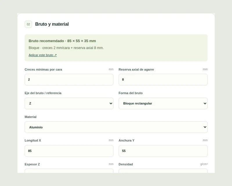 Selección del material y las dimensiones del bruto en Cota